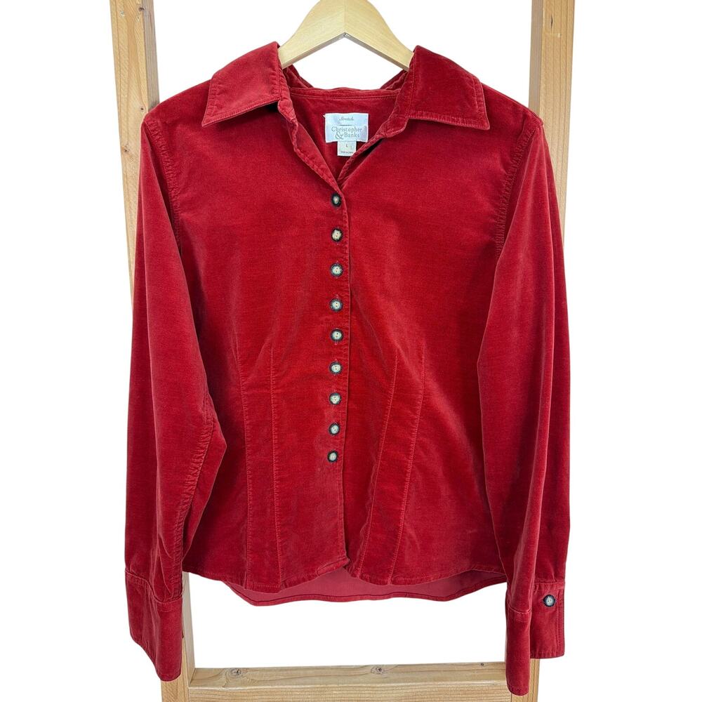 Christopher & Banks Red Stretch Button Up Cotton / Spandex Blouse SZ LG